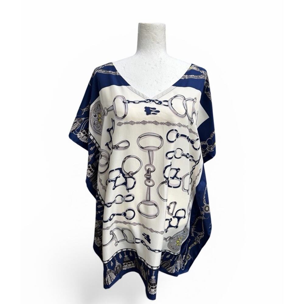 Stacy Bradley Caftan 100% Silk Horse Bit Designer Print Blue Silver Resort Look